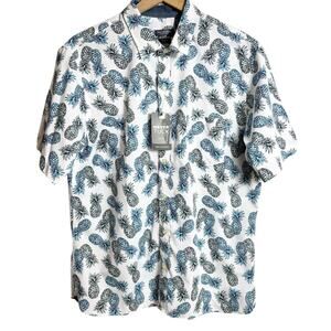 VAN HEUSEN BLUE PINEAPPLE SHORT SLEEVE MEN BUTTON UP SHIRT SIZE LARGE BRAND NEW
